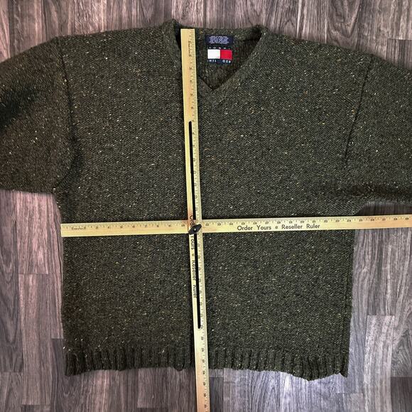Tommy Hilfiger 100% Shetland Wool Chunky Speckled Forest Green V-Neck Sweate - Picture 5 of 5